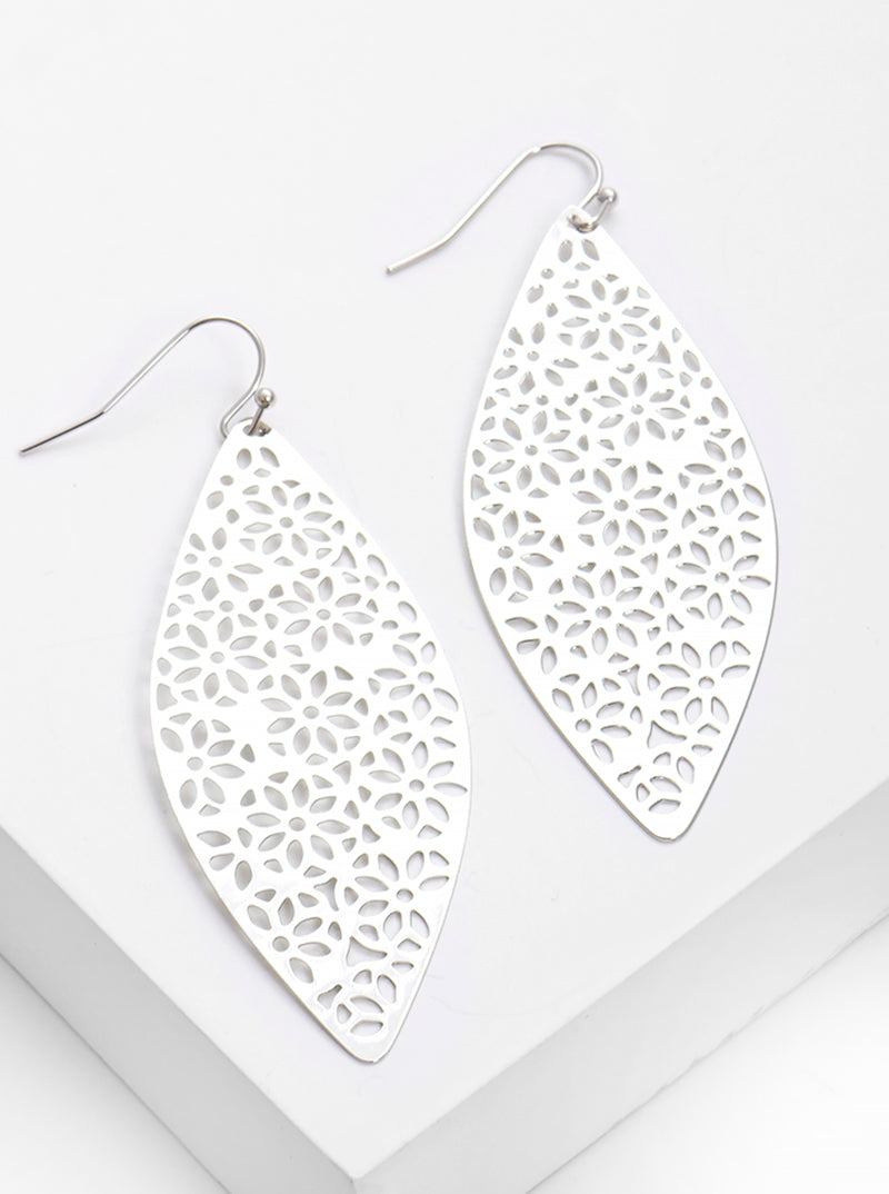 Metal Marquise Flower Filigree Fishhook Dangle Drop Earrings