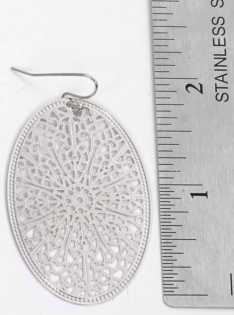 Metal Oval Filigree Fish Hook Dangle Drop Earrings