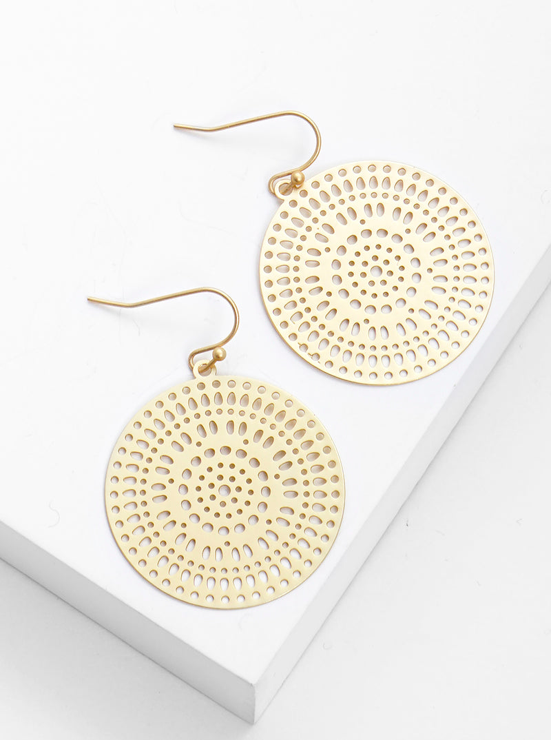 Metal Round Filigree Fish Hook Dangle Drop Earrings