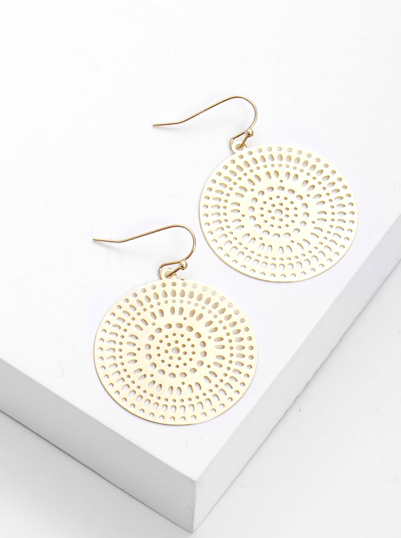 Metal Round Filigree Fish Hook Dangle Drop Earrings