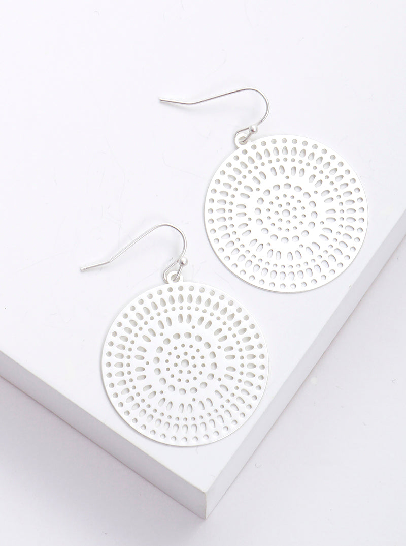 Metal Round Filigree Fish Hook Dangle Drop Earrings