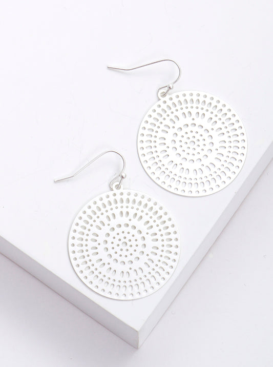 Metal Round Filigree Fish Hook Dangle Drop Earrings