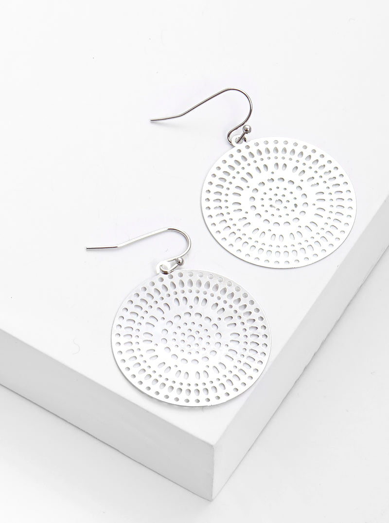 Metal Round Filigree Fish Hook Dangle Drop Earrings