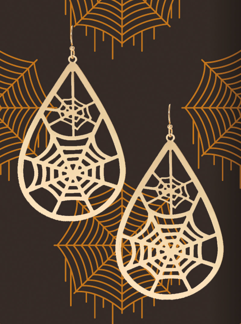 Metal Spider Web Cut Out Teardrop Halloween Theme Dangle Drop Earrings