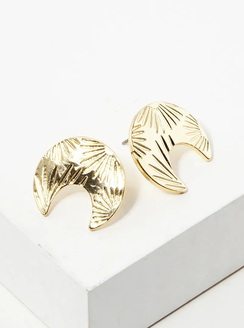 Metal Sunburst Patterned Crescent Moon Post Stud Earrings