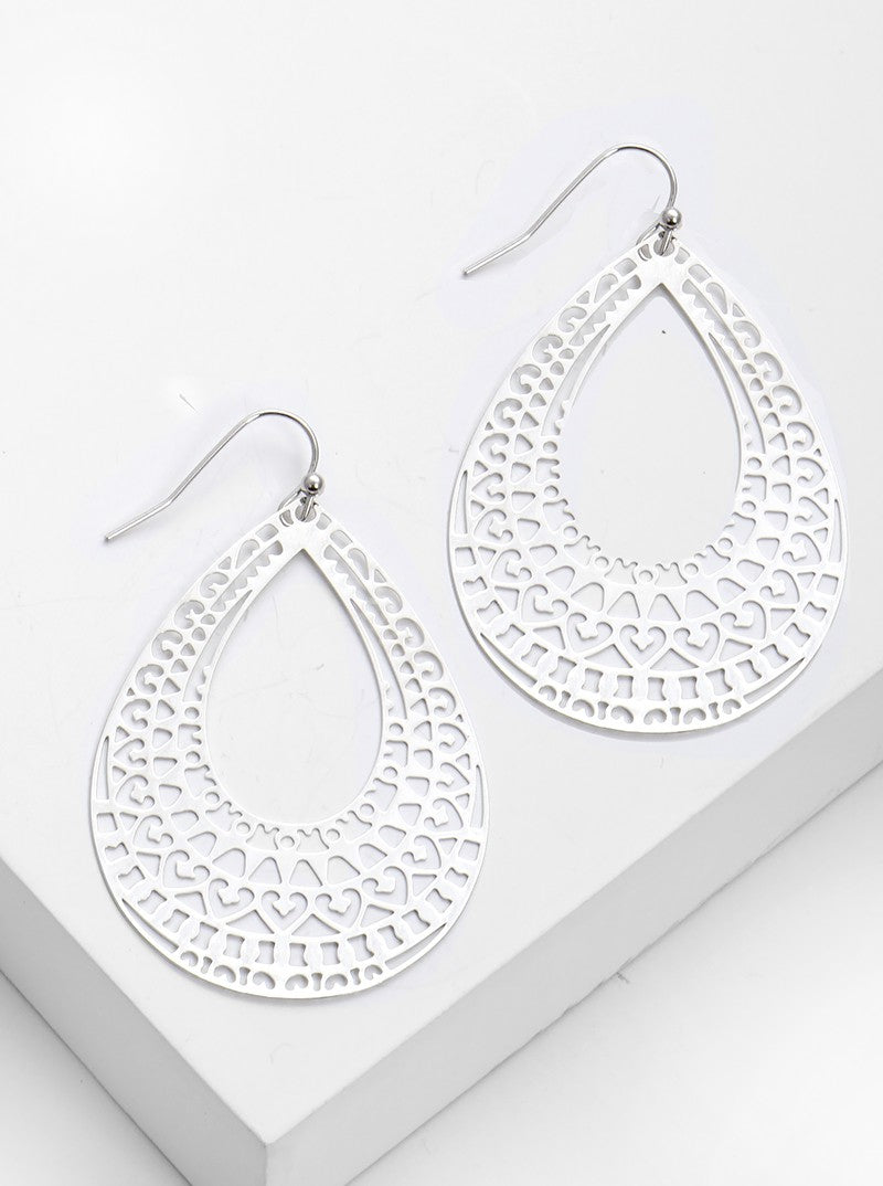 Metal Teardrop Filigree Delicate Fish Hook Dangle Drop Earrings