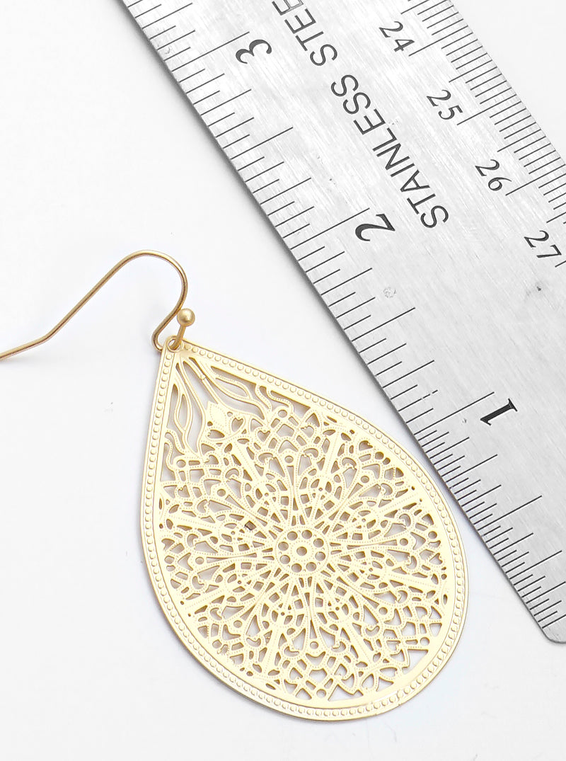 Metal Teardrop Filigree Fish Hook Dangle Drop Earrings