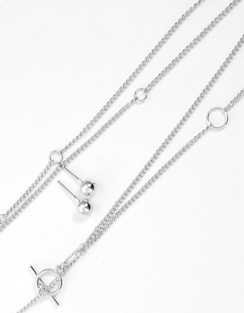 Metal Toggle Clasp Double Layered Set With Earrings Long Chain Necklace