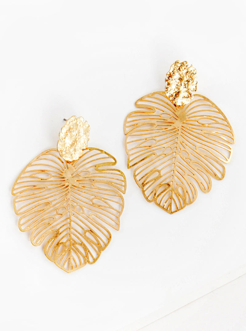 Metal Tropical Monstera Leaf Post Dangle Drop Earrings