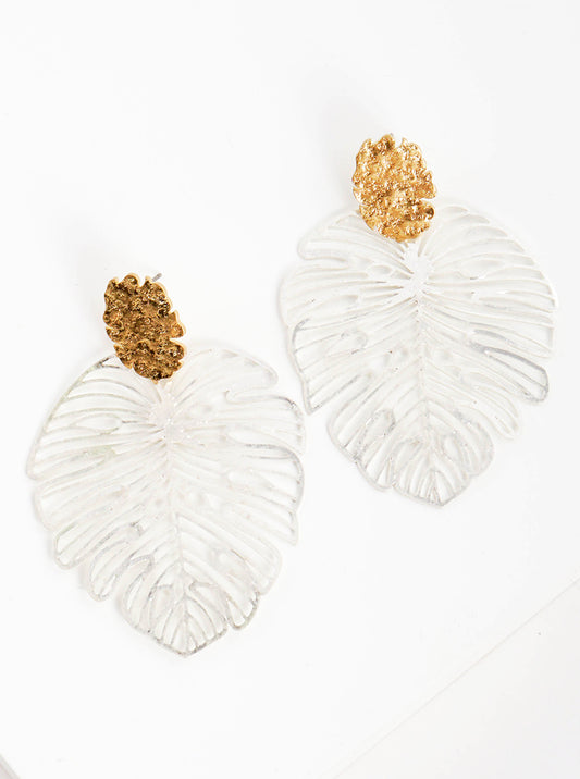 Metal Tropical Monstera Leaf Post Dangle Drop Earrings