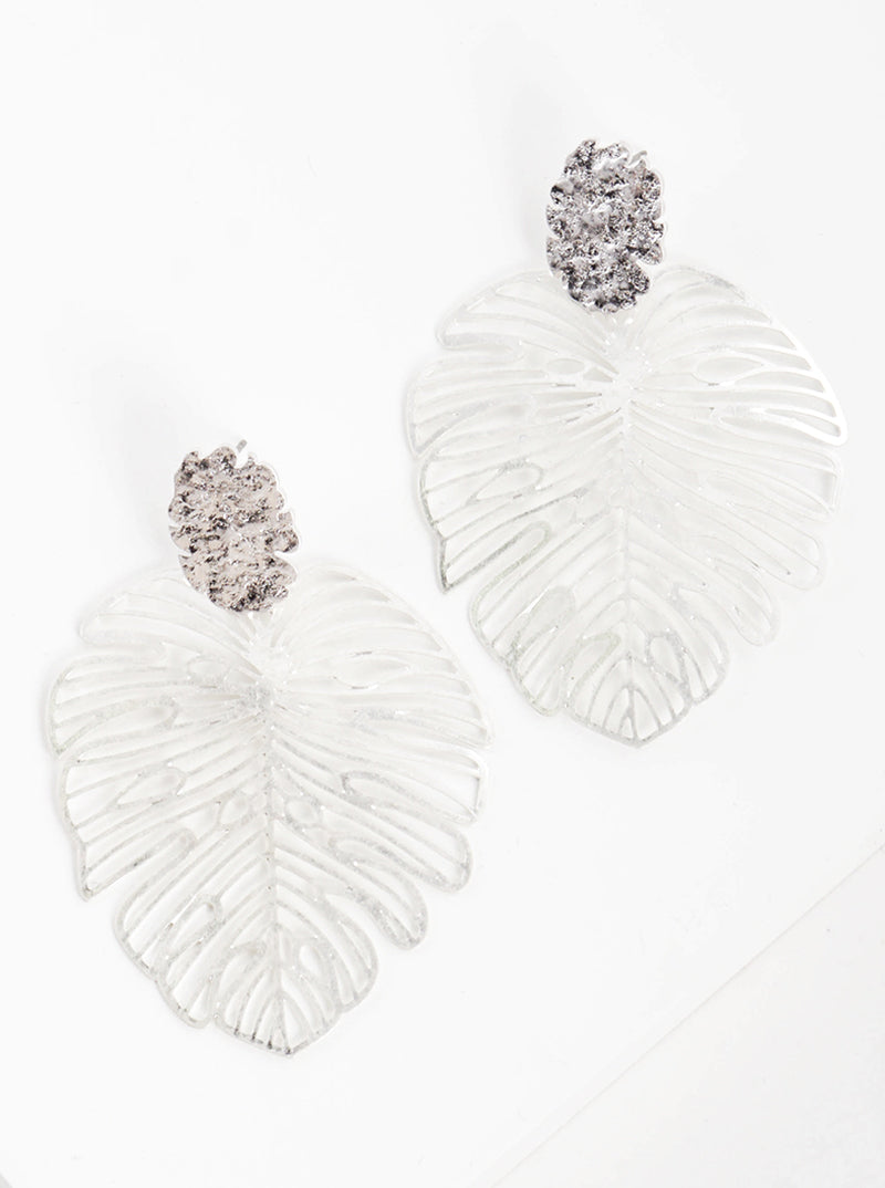 Metal Tropical Monstera Leaf Post Dangle Drop Earrings