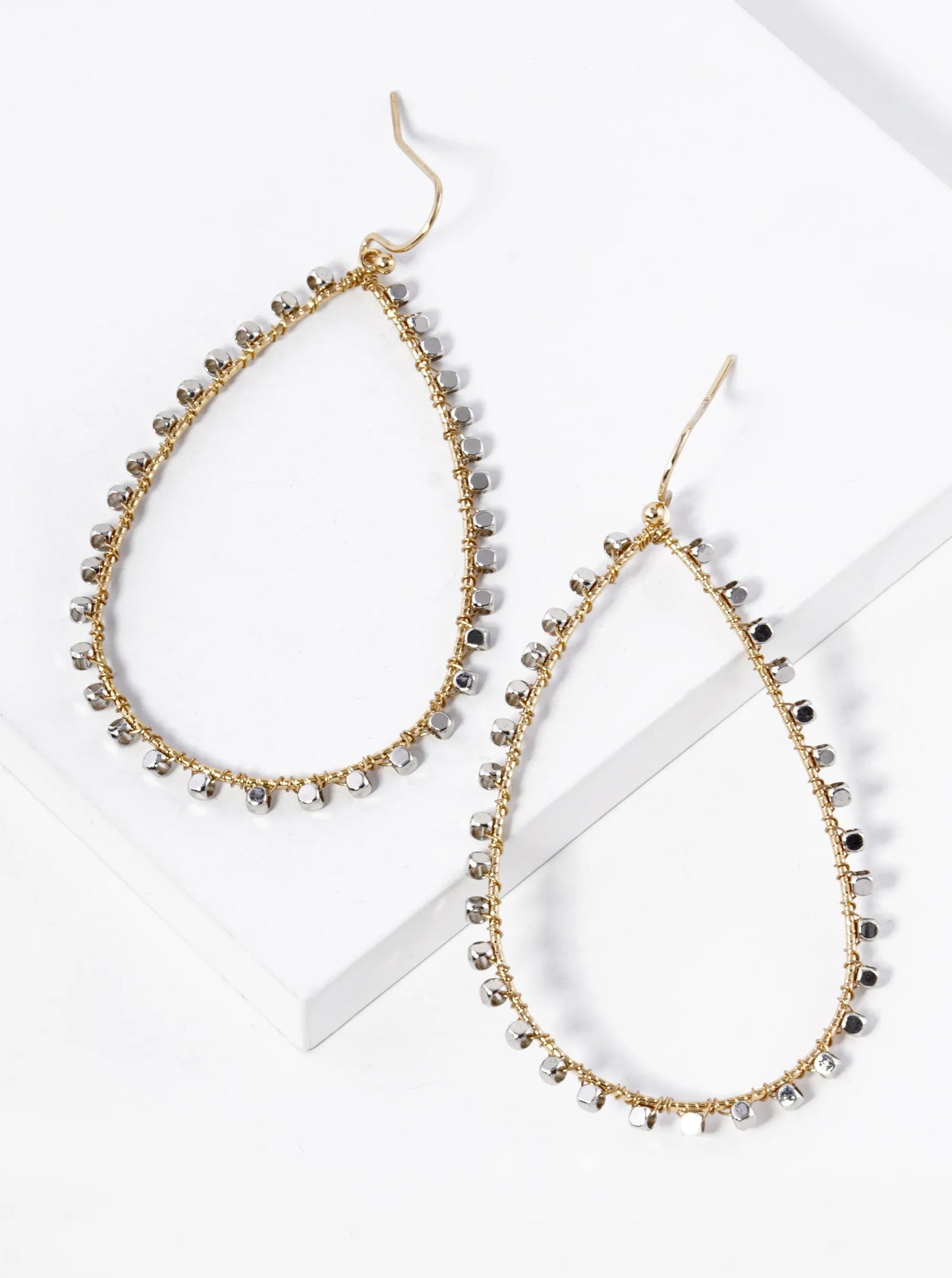 Metallic Bead Wired Teardrop Dangle Drop Earrings