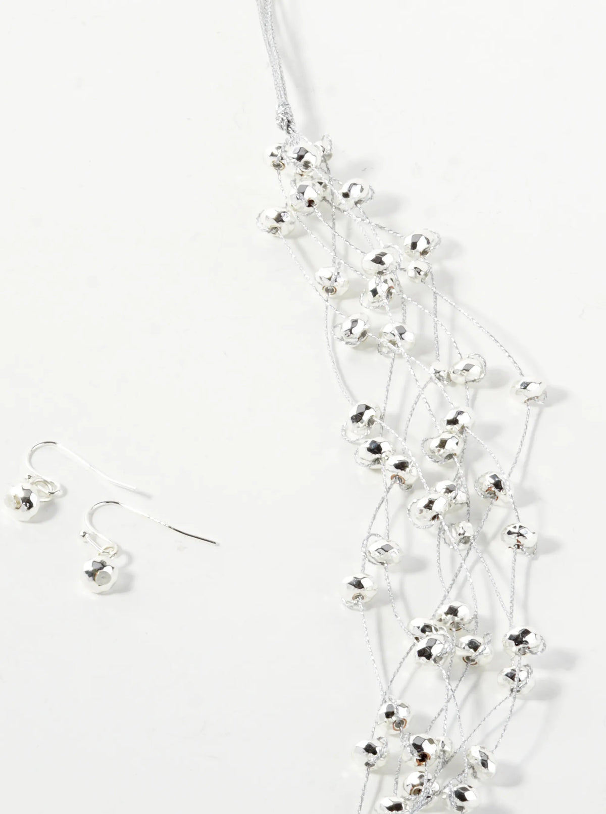 Metallic Beaded Multi-Strand Thread Long Necklace Set With Earrings