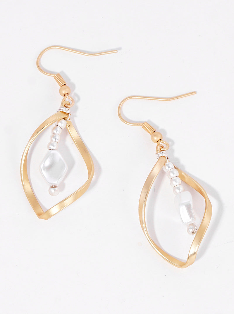 Metallic Beaded Pearl Spiral Dangle Drop Earrings