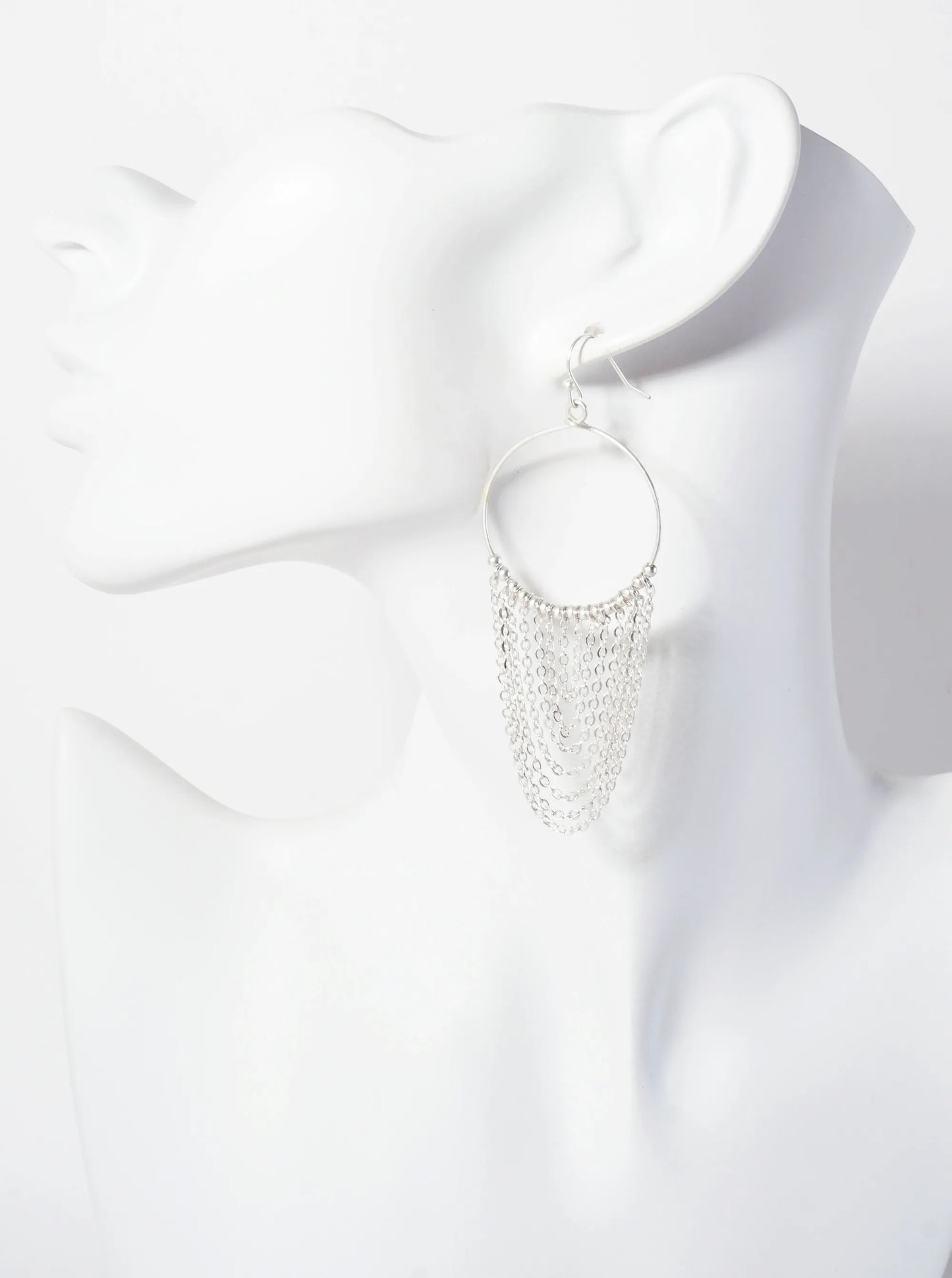 Metallic-Beaded Wire Circle Earrings With Chain Drop