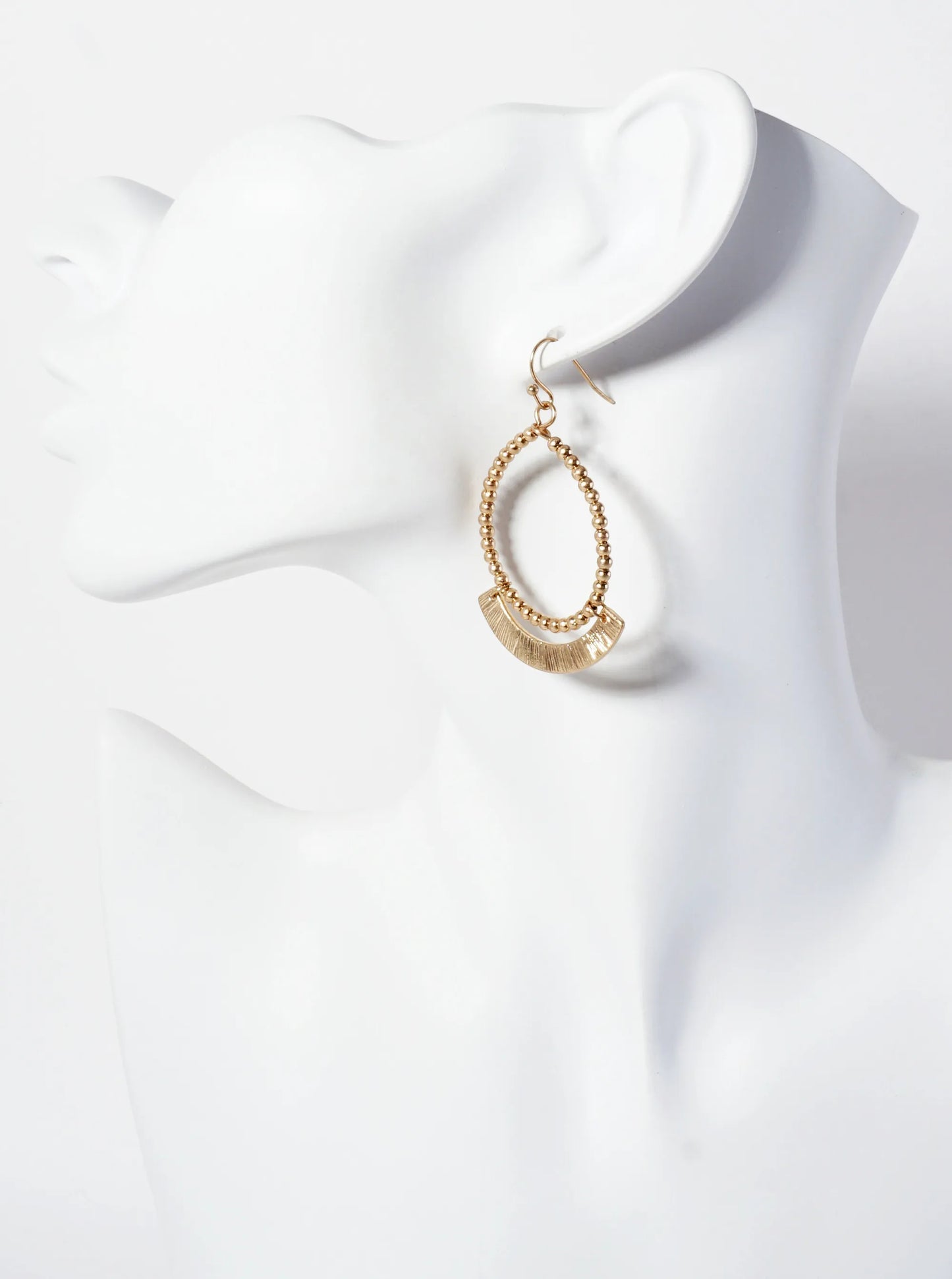 Metallic-Beaded Wire Teardrop Dangle Earrings With Textured Arch Drop