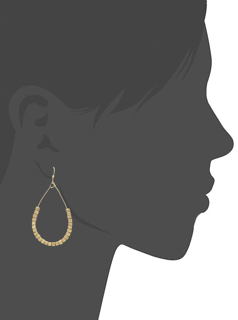 Metallic Square Beaded Wire Teardrop Dangle Drop Earrings