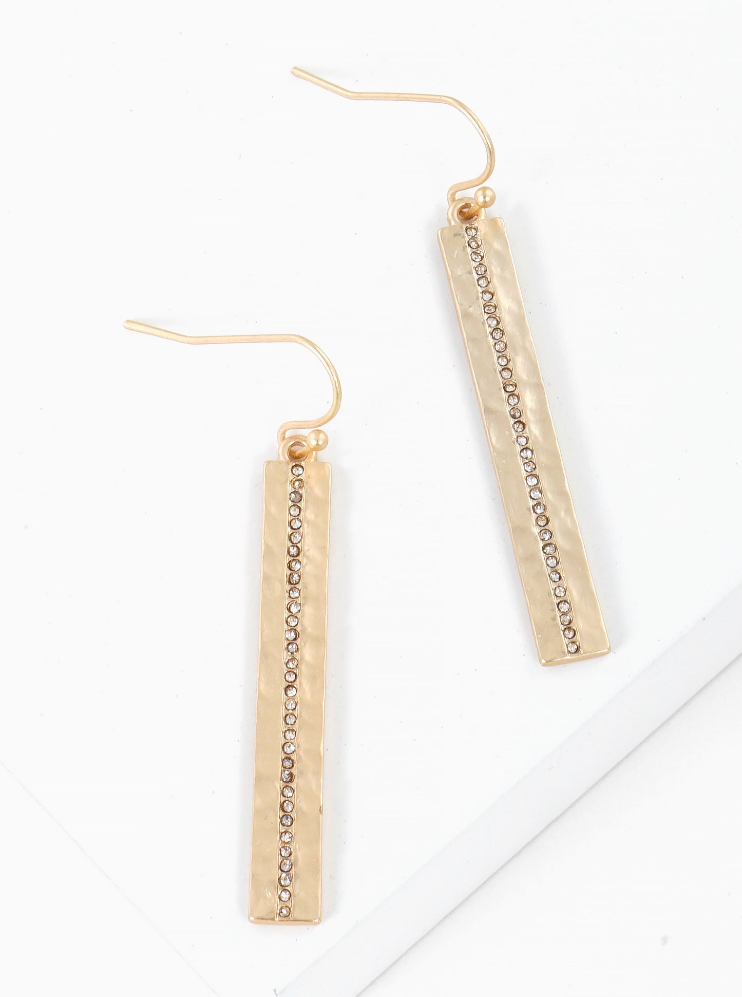 Micro Crystal Pave Hammered Metal Rectangle Bar Drop Earrings