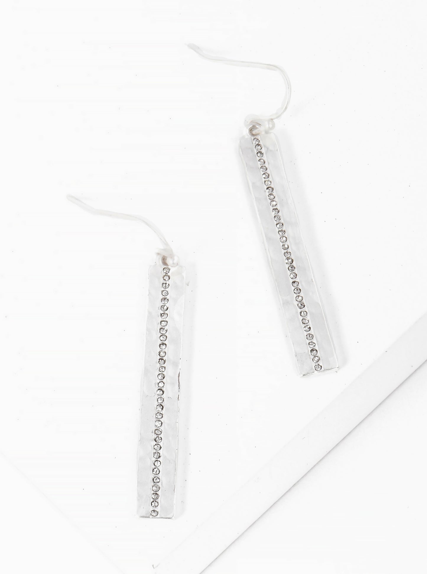 Micro Crystal Pave Hammered Metal Rectangle Bar Drop Earrings