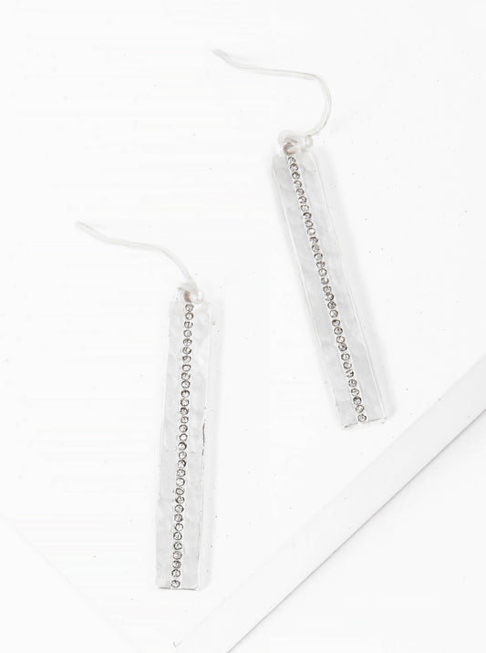 Micro Crystal Pave Hammered Metal Rectangle Bar Drop Earrings