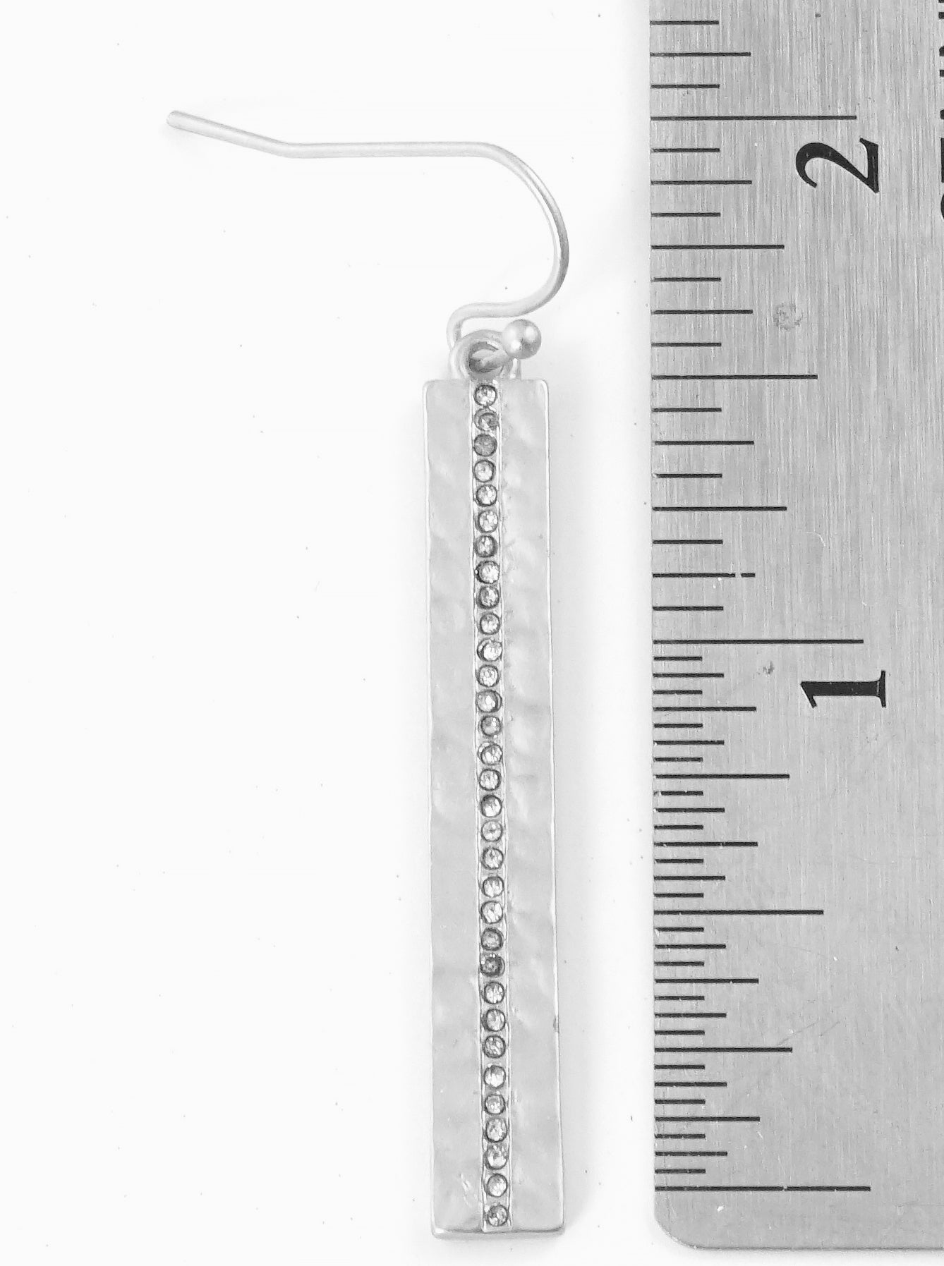 Micro Crystal Pave Hammered Metal Rectangle Bar Drop Earrings