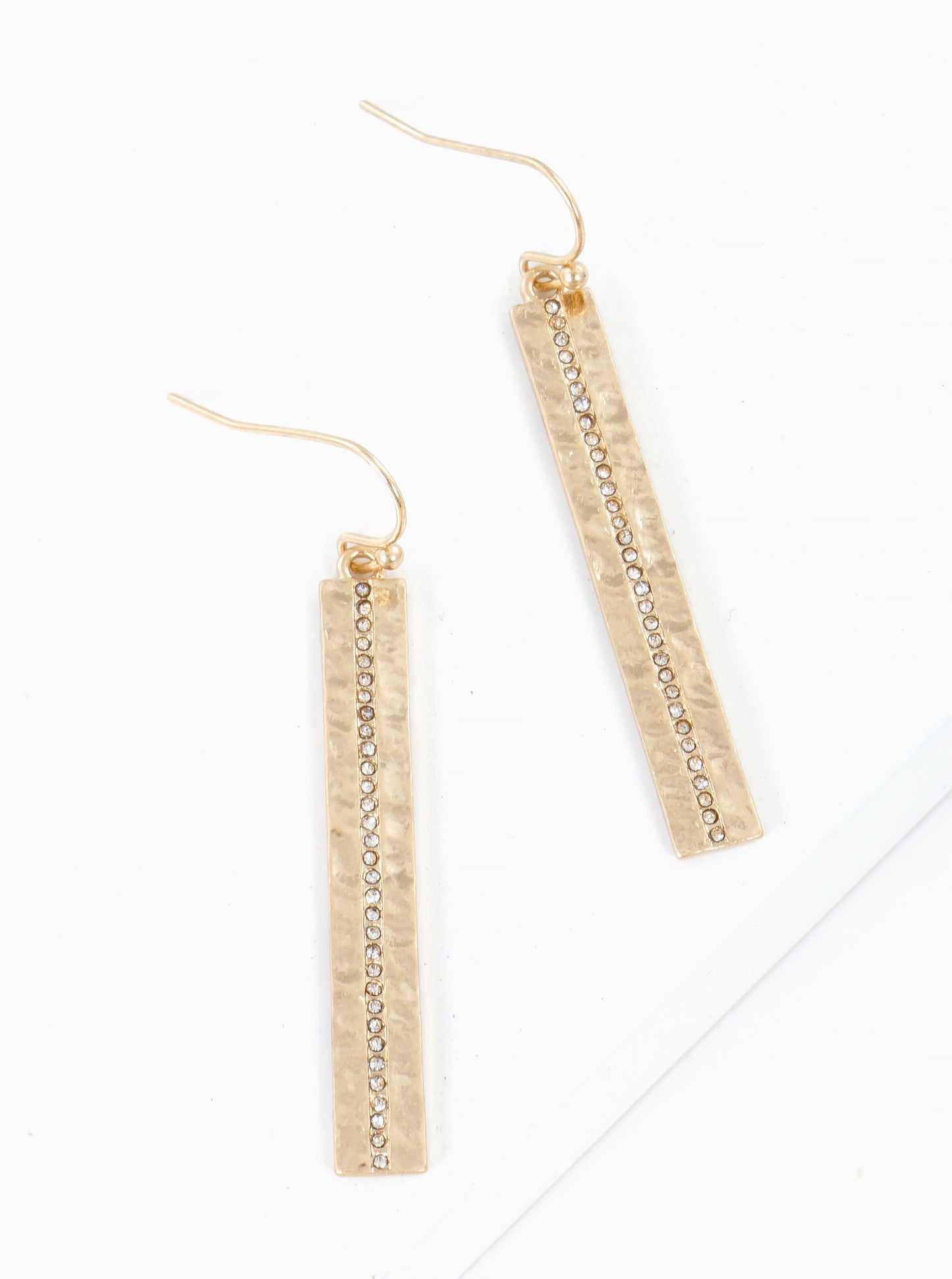 Micro Crystal Pave Hammered Metal Rectangle Bar Drop Earrings