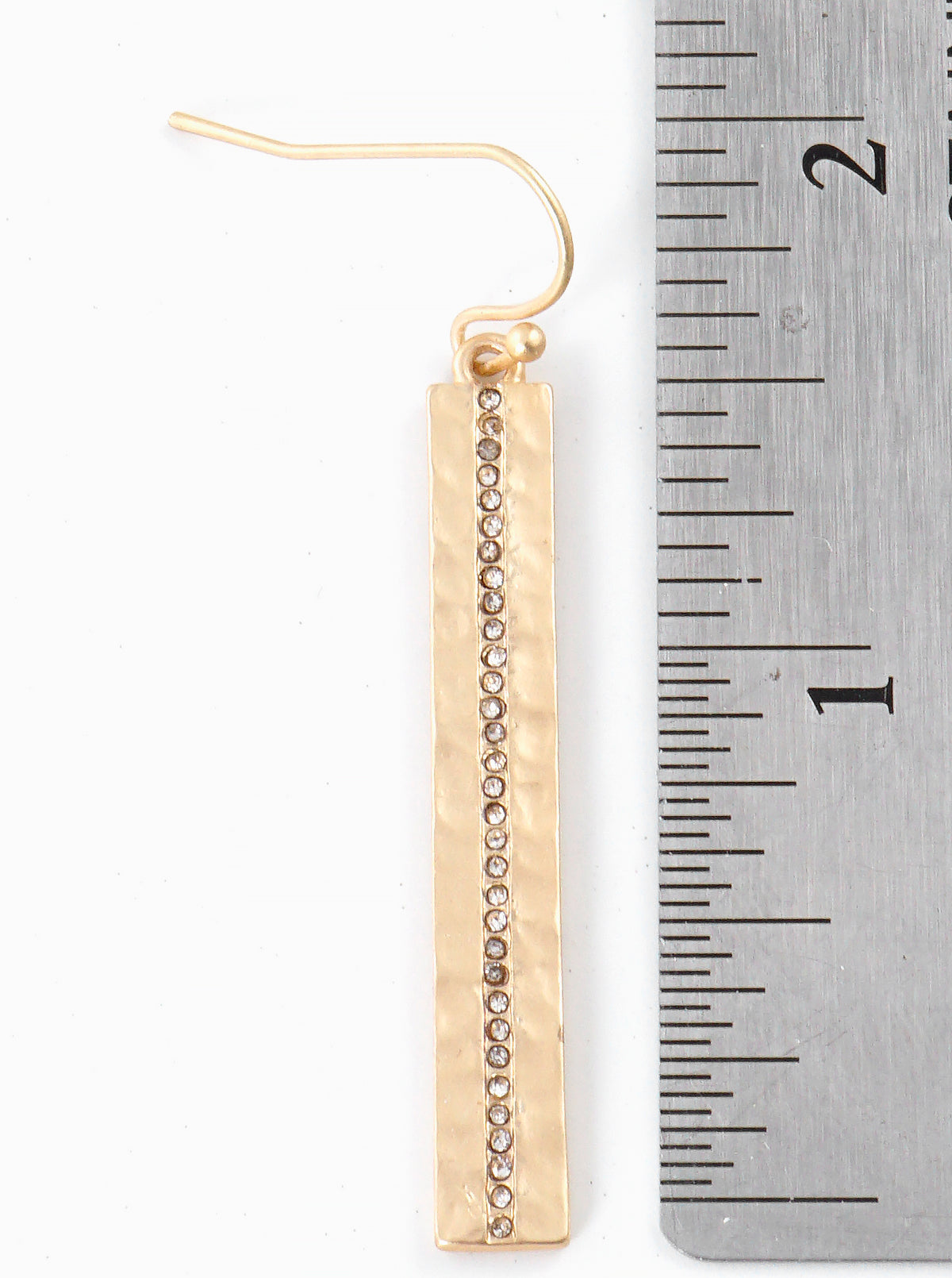 Micro Crystal Pave Hammered Metal Rectangle Bar Drop Earrings