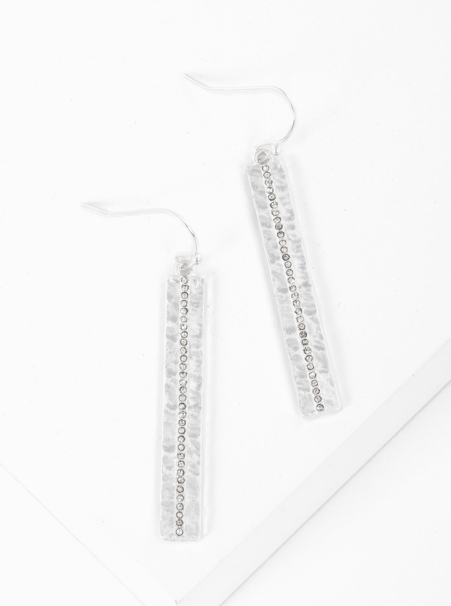 Micro Crystal Pave Hammered Metal Rectangle Bar Drop Earrings
