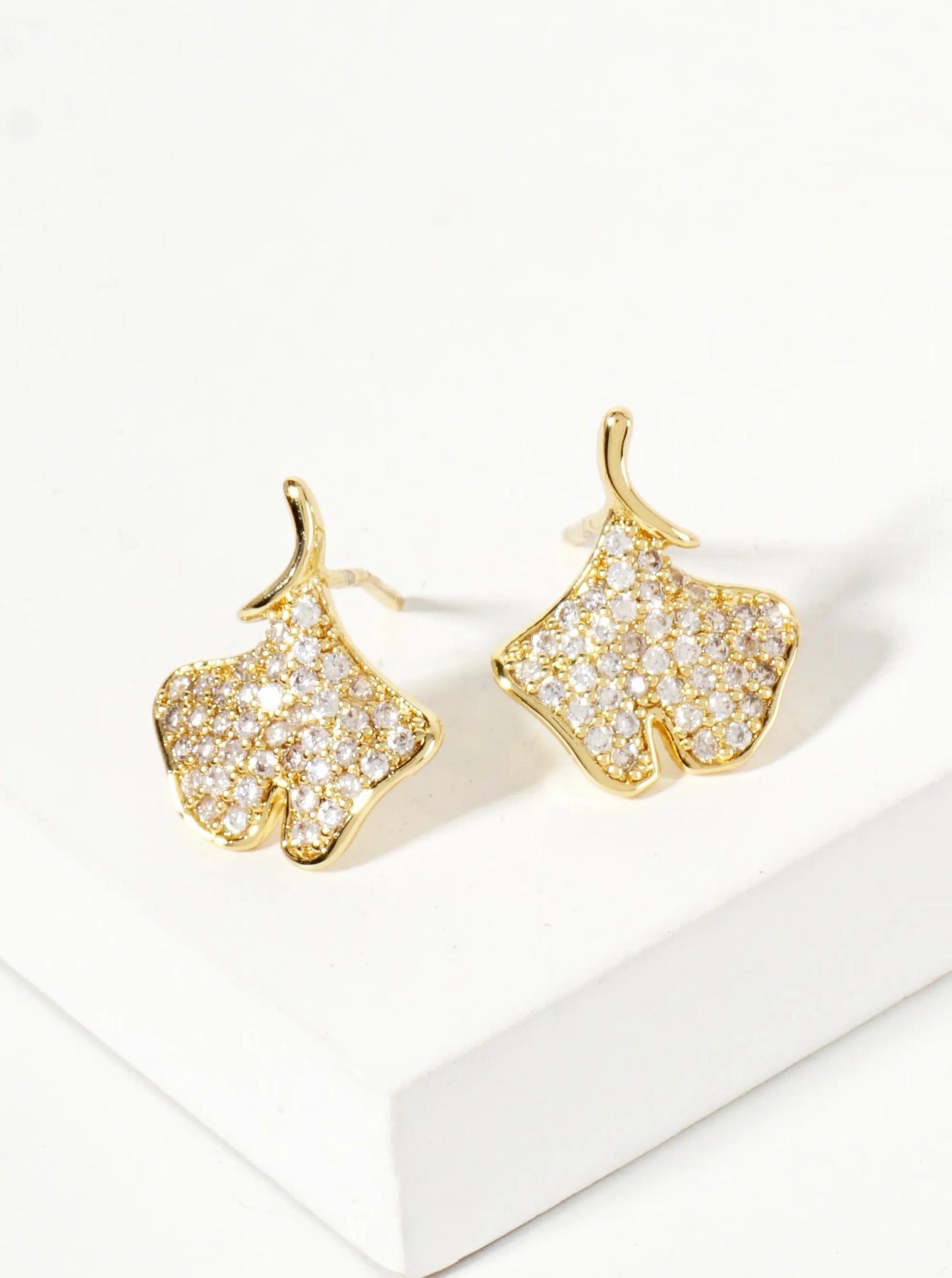 Micro-Pave-Set Cubic-Zirconia 13mm Ginkgo Leaf 18K-Gold-Dipped Stud Earrings
