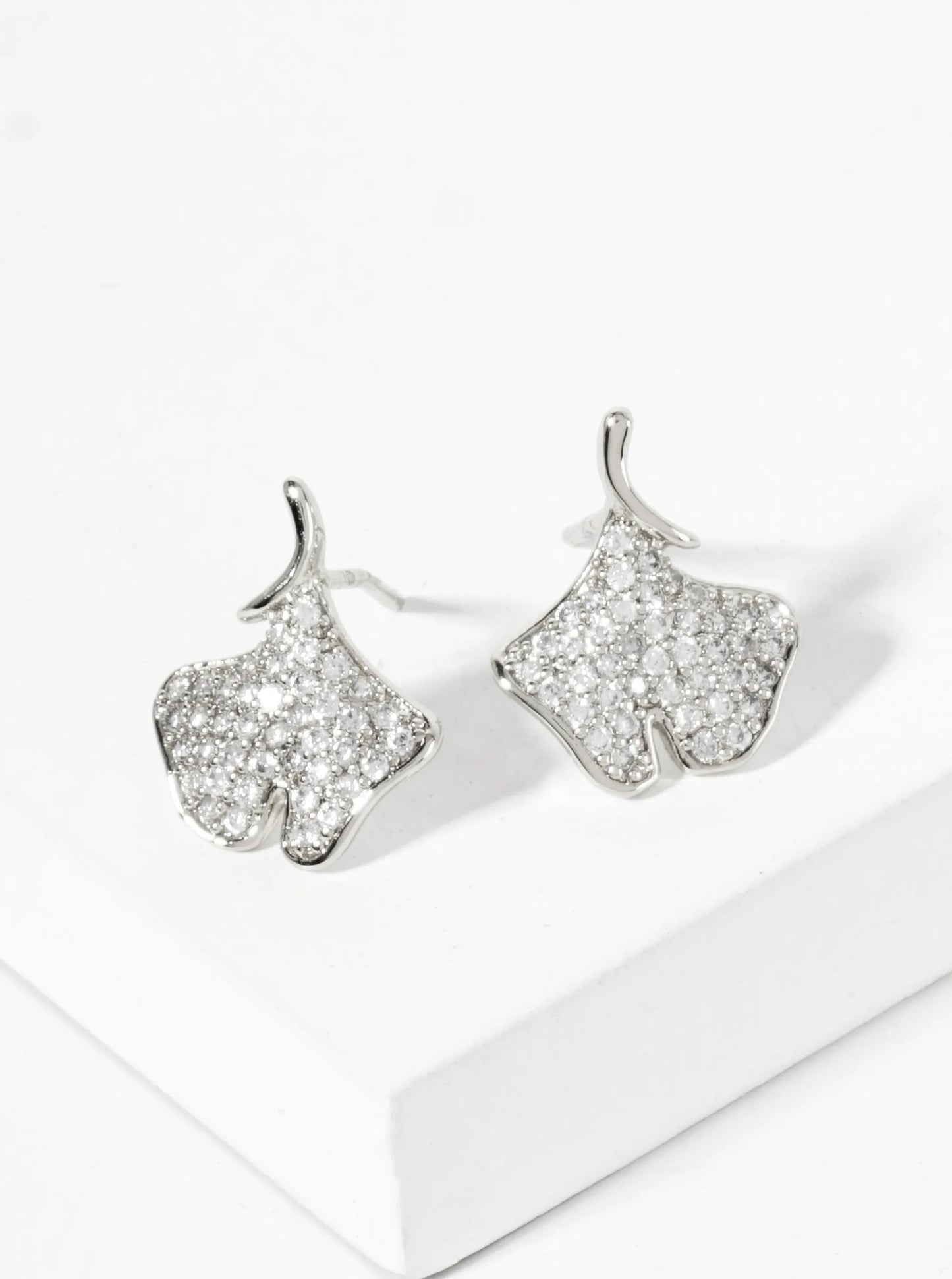 Micro-Pave-Set Cubic-Zirconia 13mm Ginkgo Leaf 18K-Gold-Dipped Stud Earrings