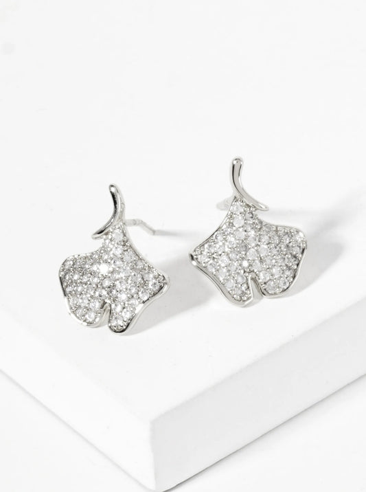 Micro-Pave-Set Cubic-Zirconia 13mm Ginkgo Leaf 18K-Gold-Dipped Stud Earrings