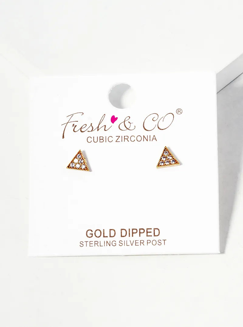 Minimalist 18K-Gold-Dipped CZ-Pave 4mm Triangle Post Stud Earrings