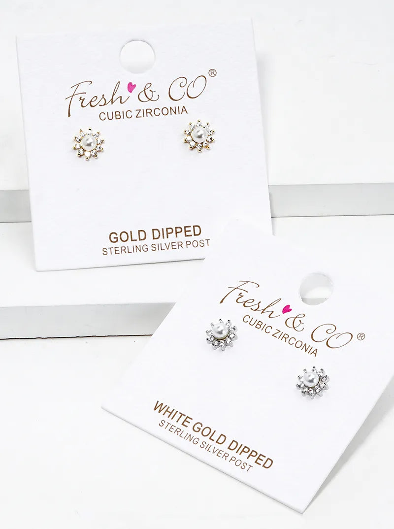 Minimalist 18K-Gold-Dipped CZ Pearl Flower Stud Earrings