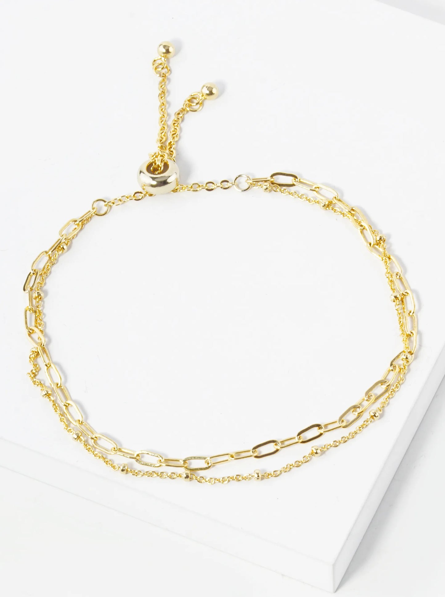 Minimalist 18K Gold Dipped Delicate Brass Double Chain Pull-Tie Bracelet
