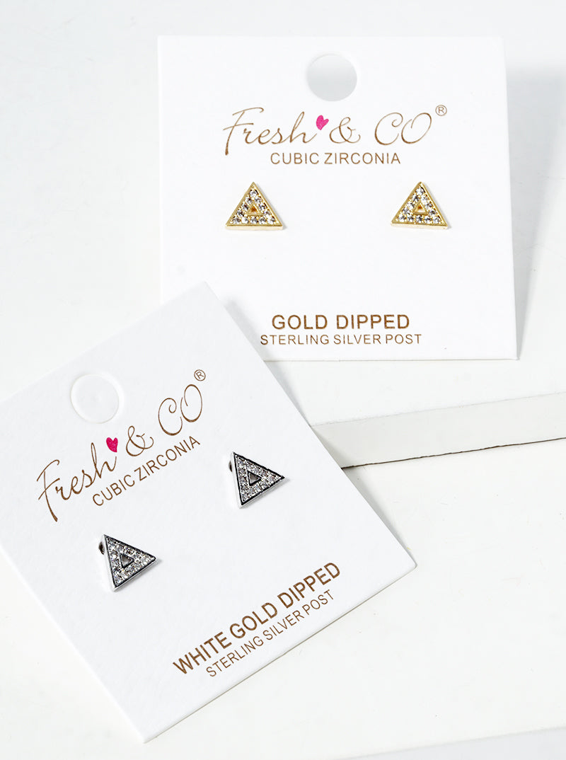 Minimalist 18K-Gold-Dipped Pave-Set Cubic-Zirconia Triangle Stud Earrings