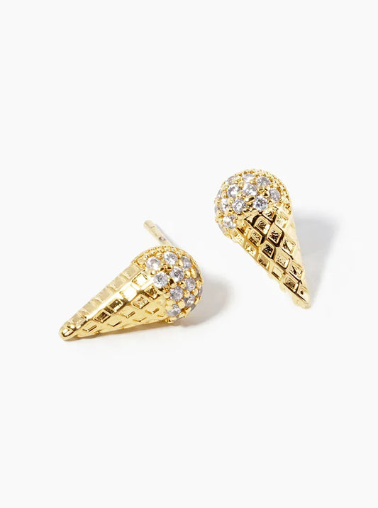 Minimalist 18k-Gold-Dipped CZ-Pave Ice-Cream Cone Post Stud Earrings