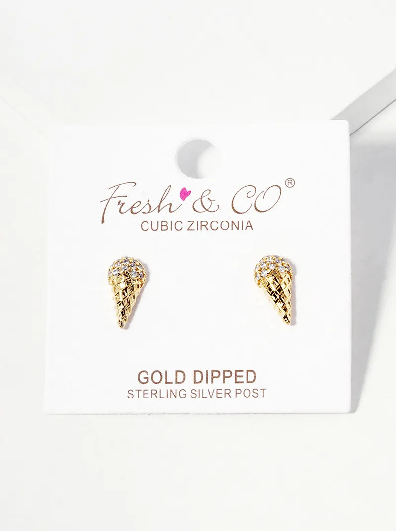 Minimalist 18k-Gold-Dipped CZ-Pave Ice-Cream Cone Post Stud Earrings