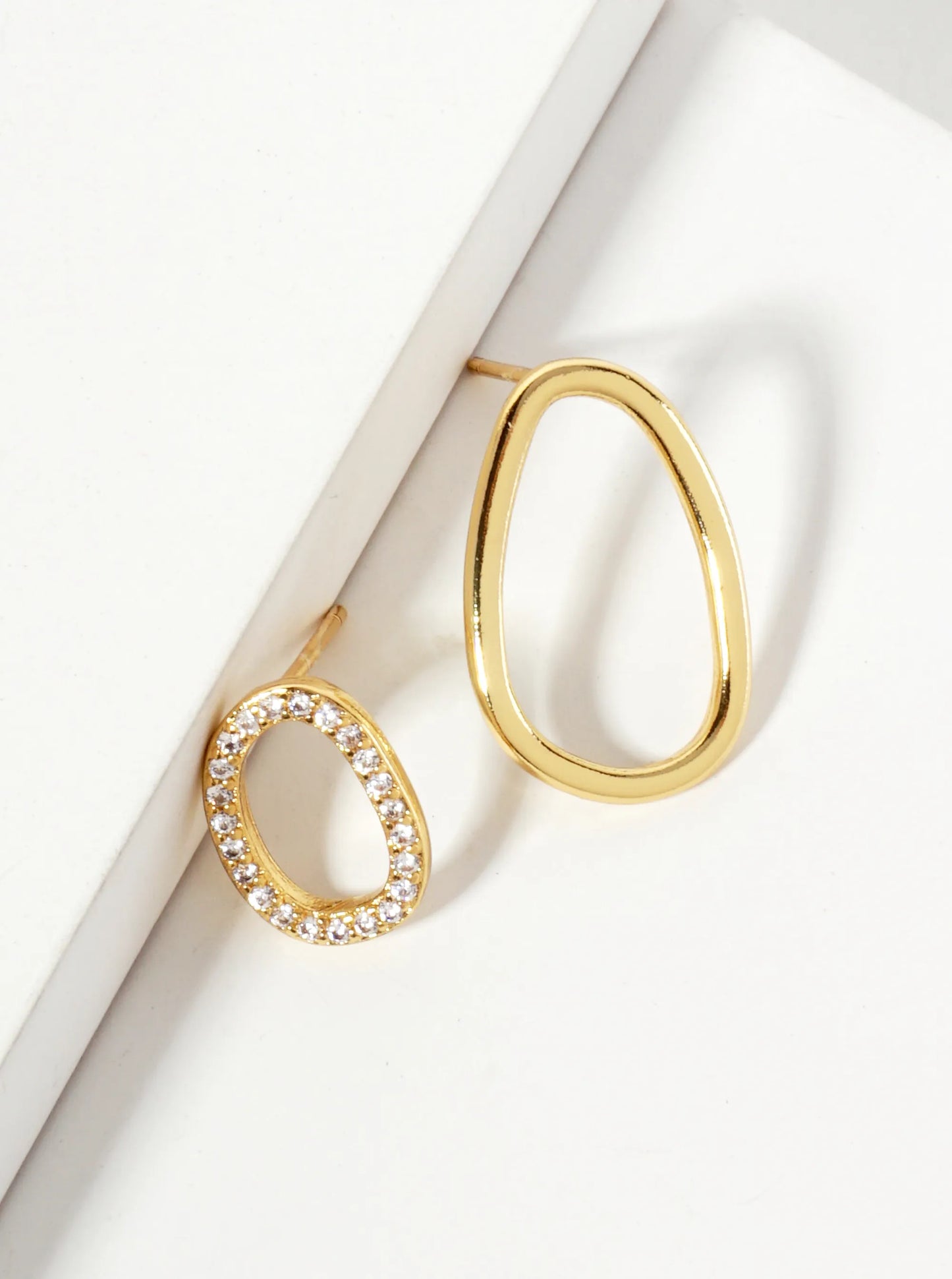 Minimalist Asymmetrical Organic Oval Pave-Set Cubic-Zirconia 18K-Gold-Dipped Brass Stud Earrings