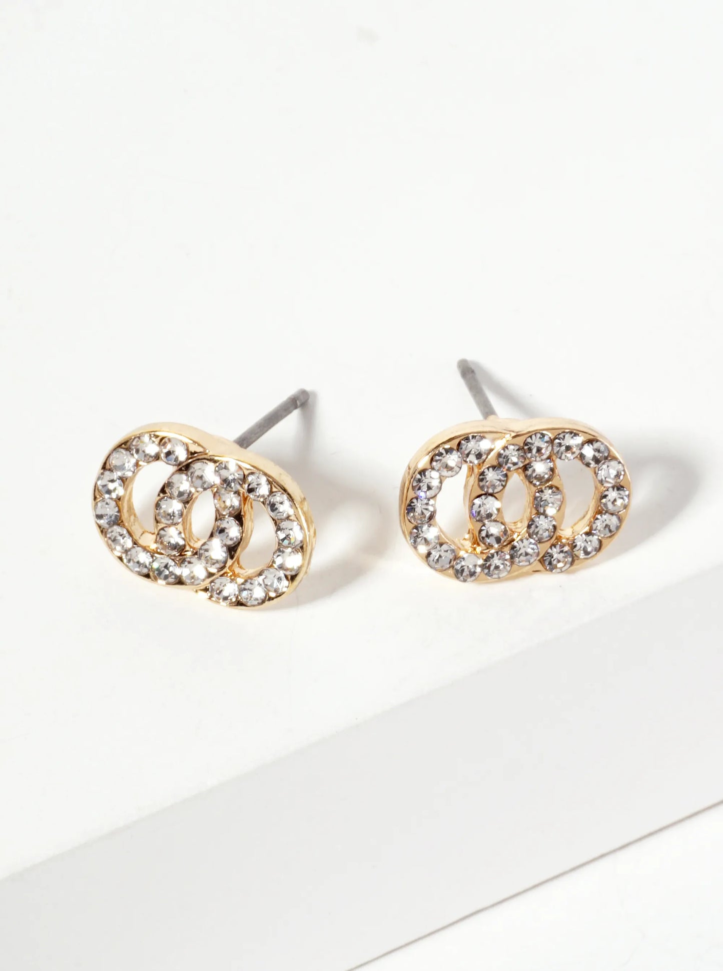 Minimalist Crystal-Pave Interlocking Double Circle Stud Earrings