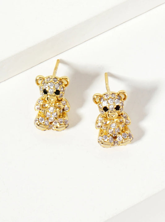 Minimalist Pave-Set Cubic-Zirconia 10mm Teddy-Bear With Bow 18K-Gold-Dipped Stud Earrings