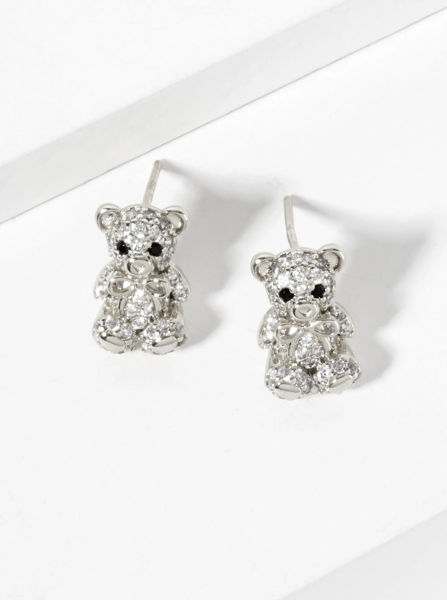 Minimalist Pave-Set Cubic-Zirconia 10mm Teddy-Bear With Bow 18K-Gold-Dipped Stud Earrings
