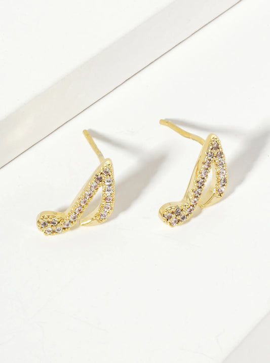 Minimalist Pave-Set Cubic-Zirconia 12mm Musical-Note 18K-Gold-Dipped Stud Earrings