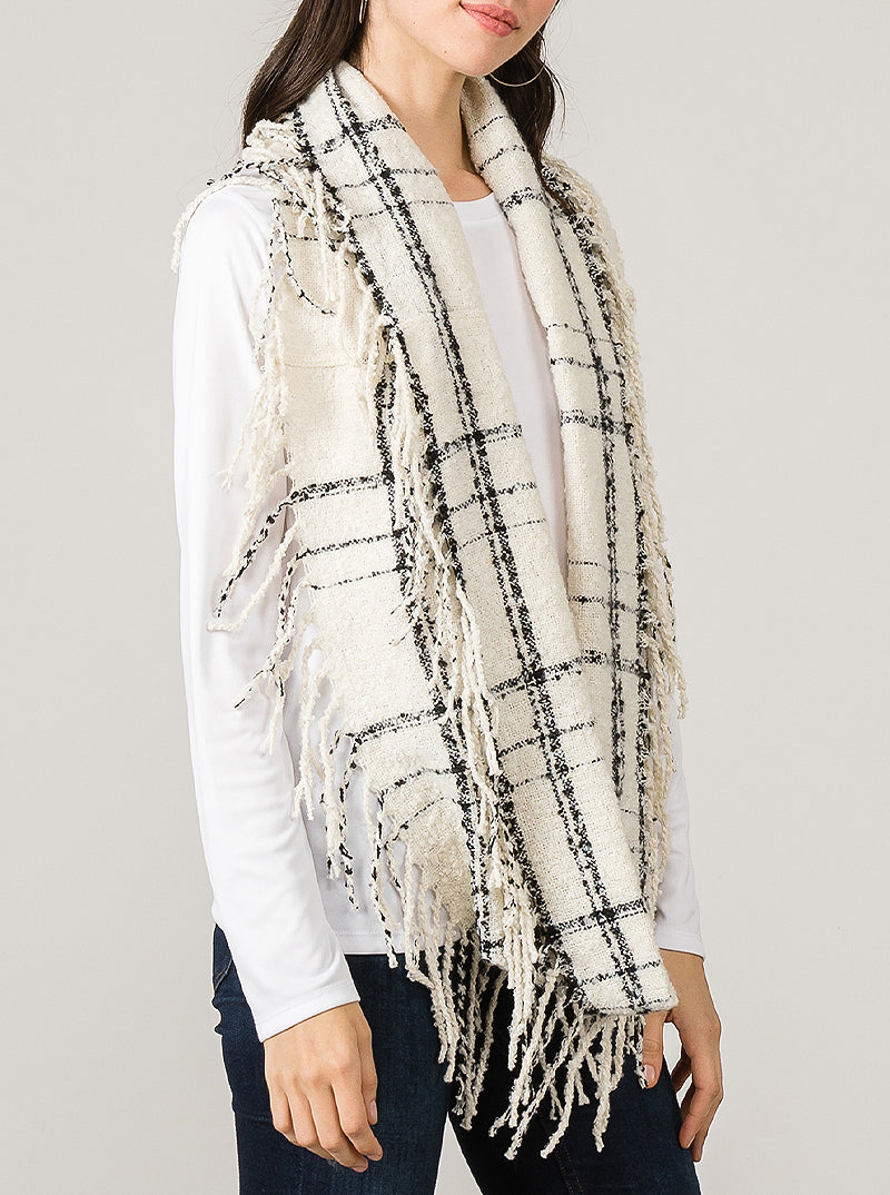 Mix Tone Plaid Fringe Double Loop Infinity Scarf