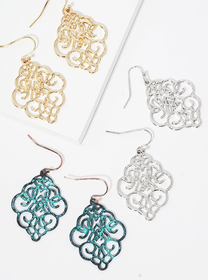 Moroccan Shaped Filigree Dangle Drop Earrings