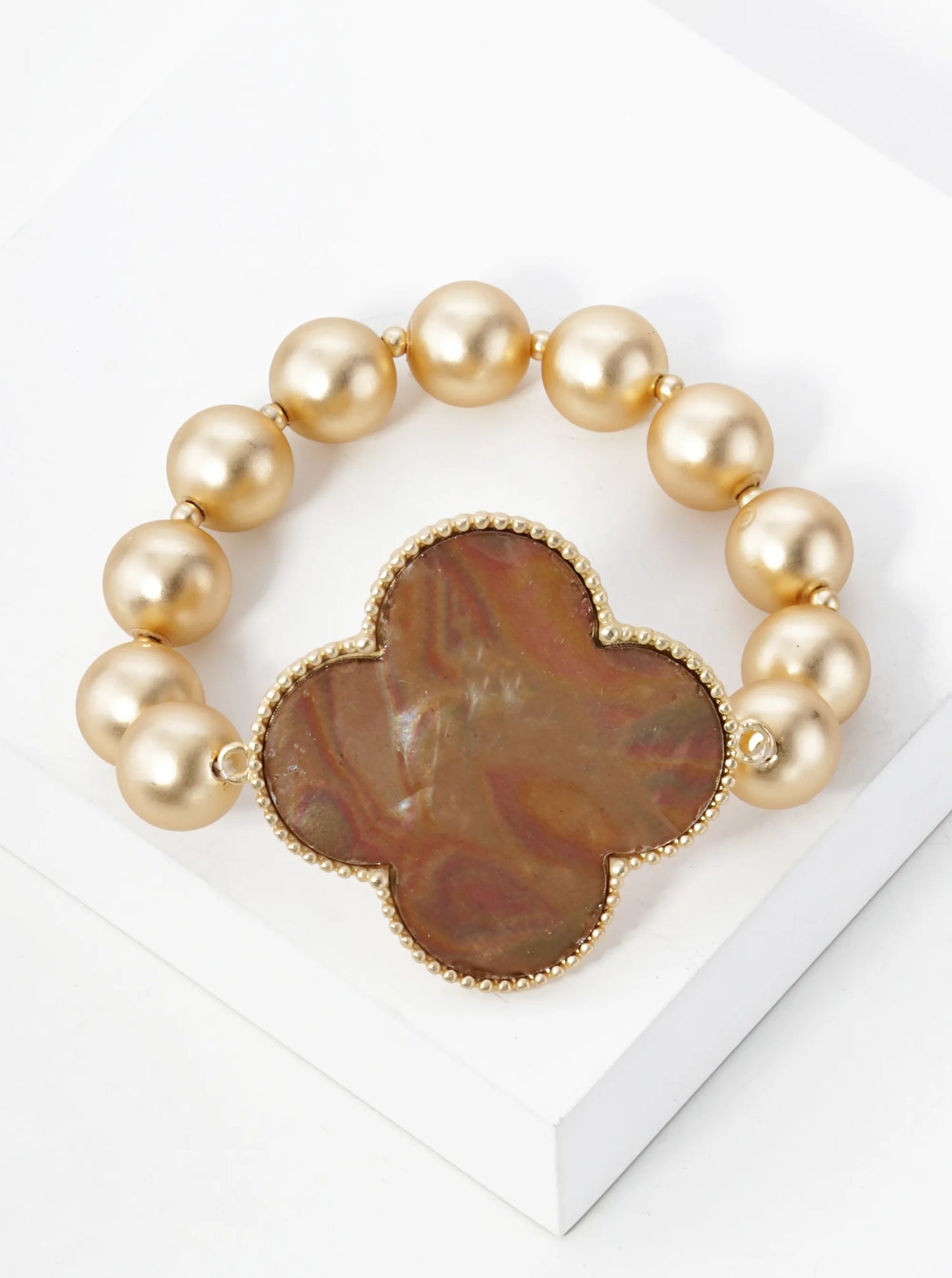 Mother Of Pearl Quatrefoil Metallic Ball Bead Stretch Bracelet