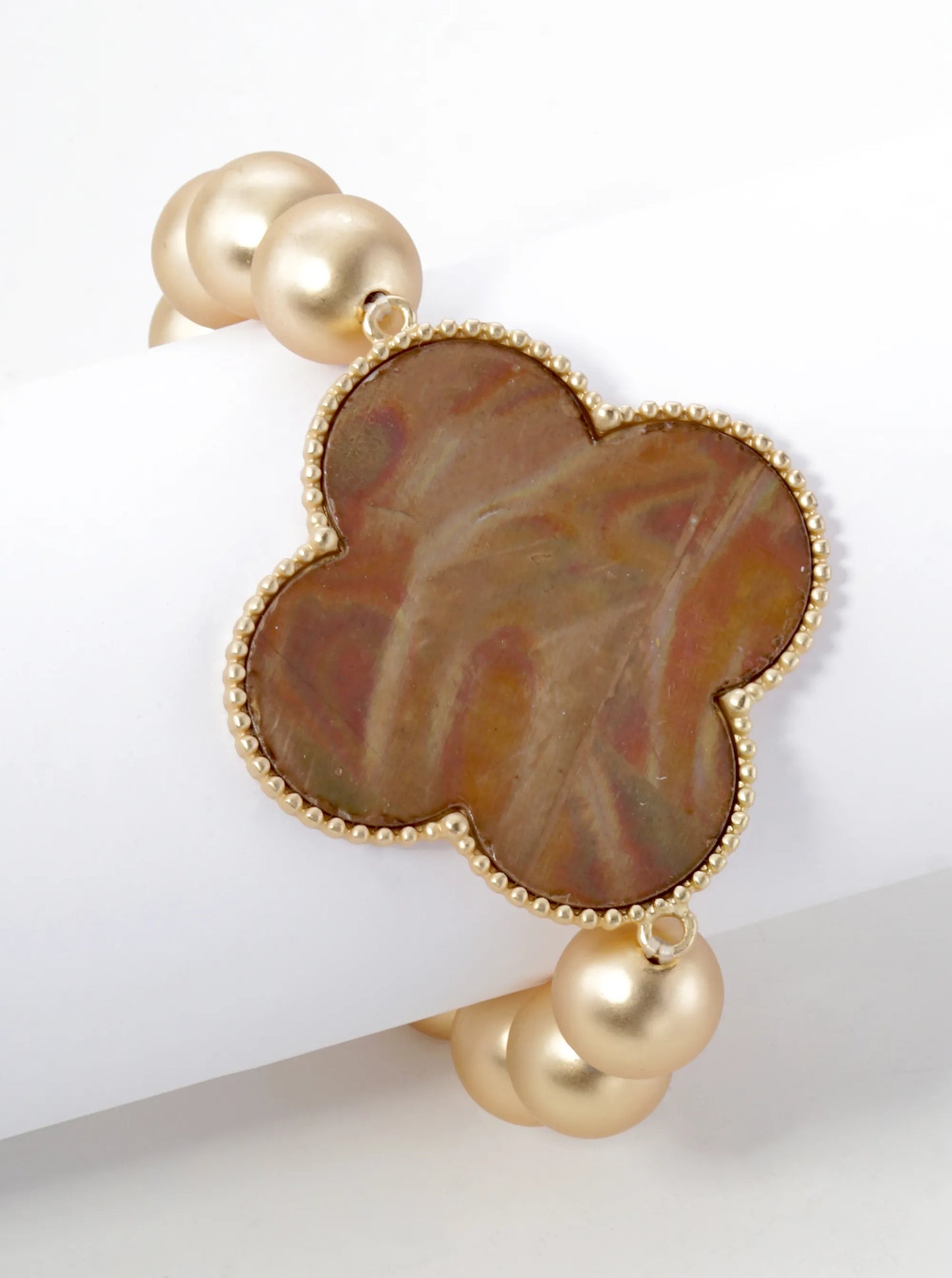 Mother Of Pearl Quatrefoil Metallic Ball Bead Stretch Bracelet