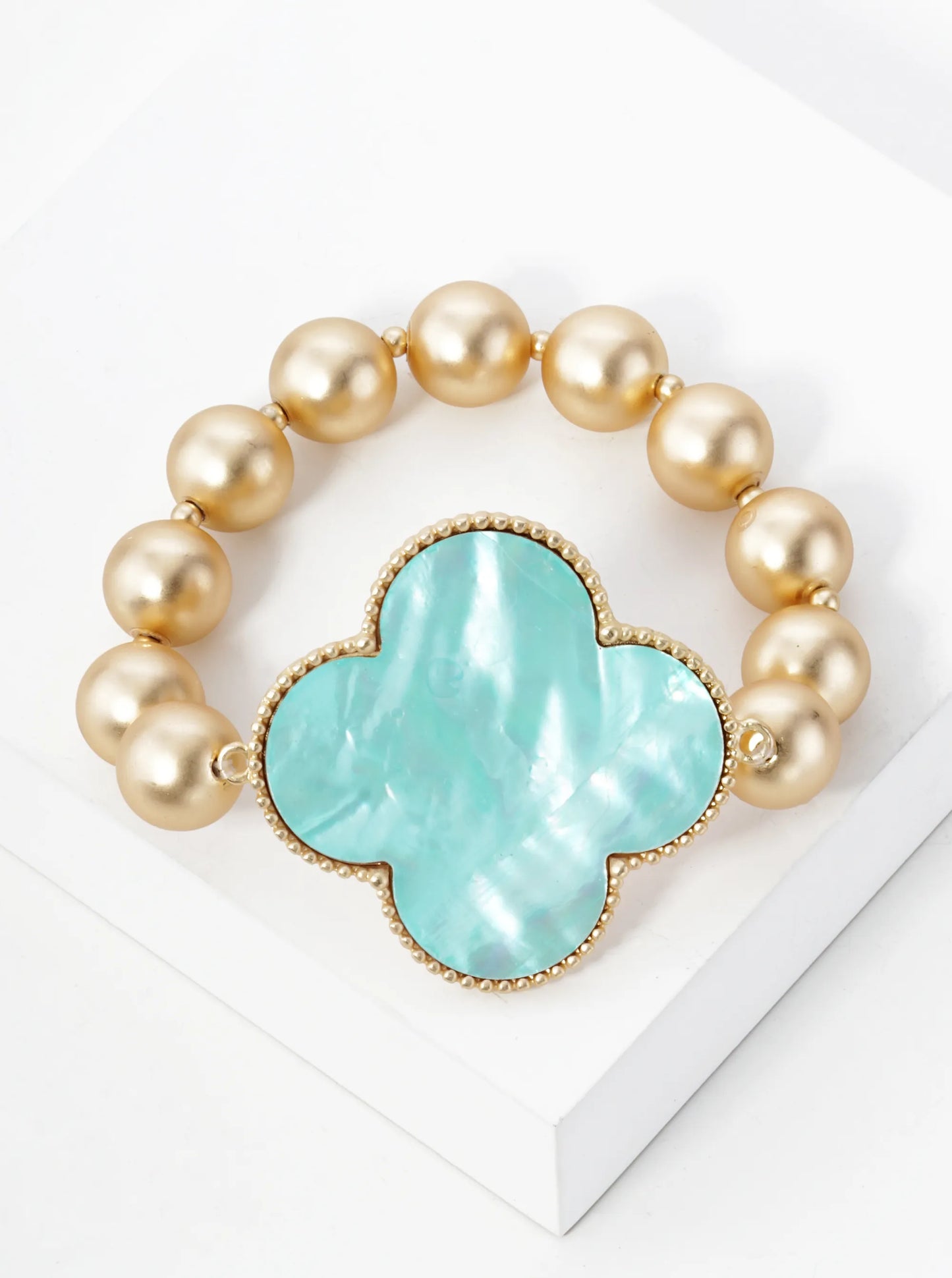 Mother Of Pearl Quatrefoil Metallic Ball Bead Stretch Bracelet