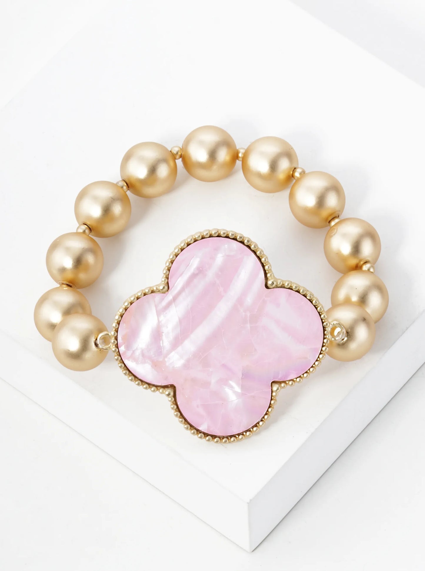 Mother Of Pearl Quatrefoil Metallic Ball Bead Stretch Bracelet