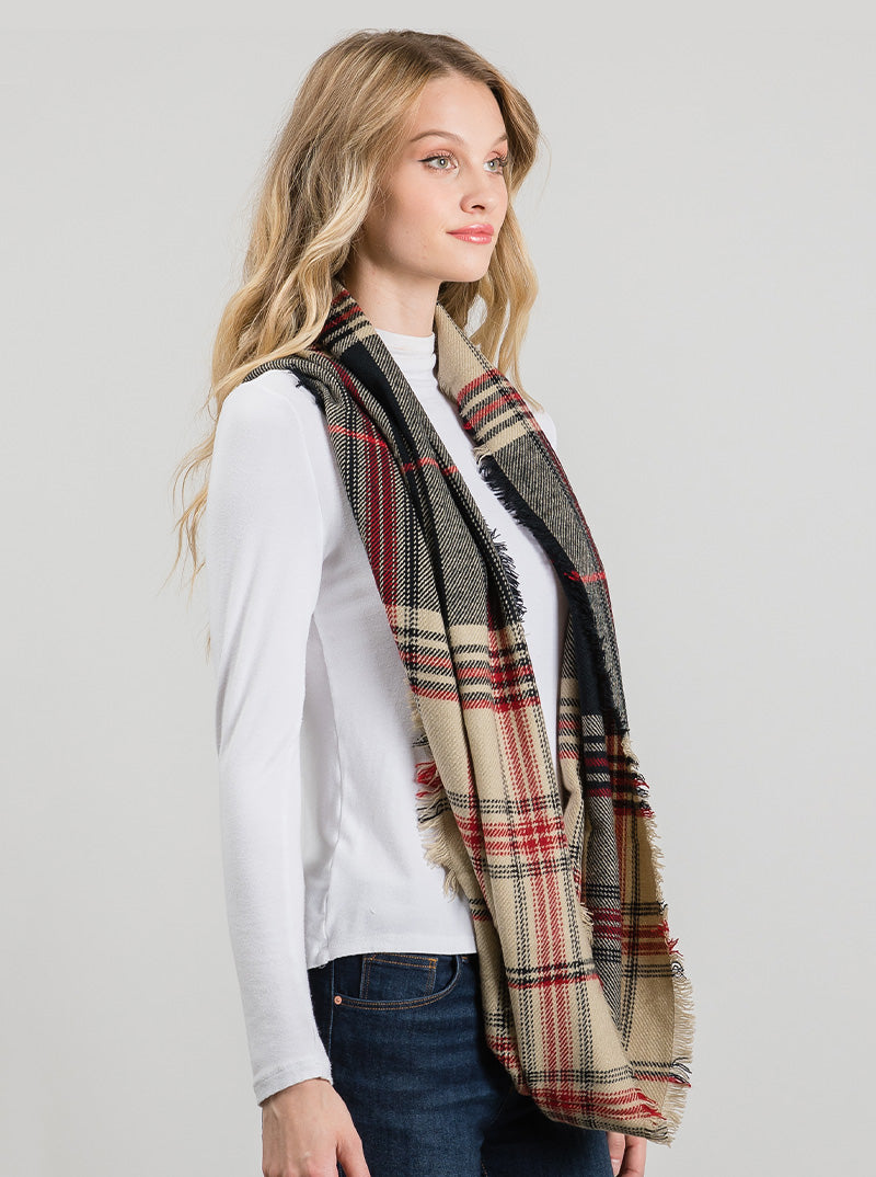 Multi Color Plaid Double Loop Infinity Scarf With Fringe