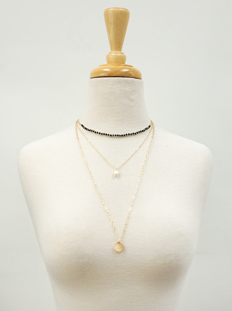Multi Layered Pearl And Disc Pendant Glass Beaded Chain Long Layered Necklace Set With Earrings